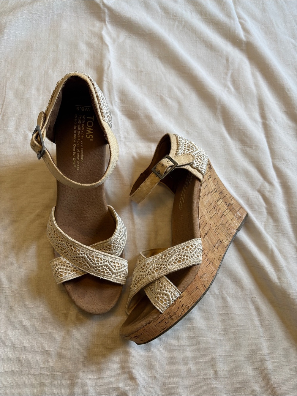 Toms Cream Crochet Cork Wedge Sandals